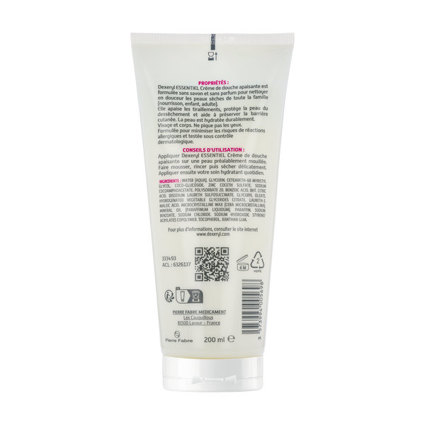 DEXERYL ESSENTIEL crème de douche apaisante 200ml, peaux sèches, sans savon, sans parfum, dès la naissance. – Image 2