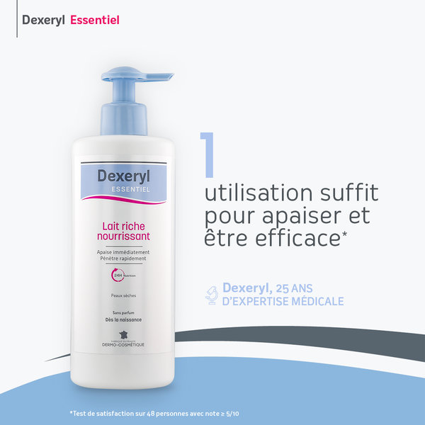 DEXERYL ESSENTIEL lait riche nourrissant 500ml, apaisant, hydratant et protecteur des peaux sèches, sans parfum. Dès la naissance. – Image 3