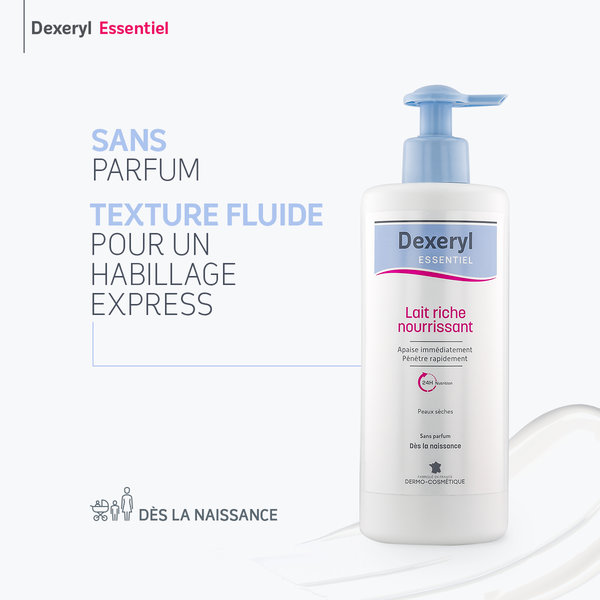DEXERYL ESSENTIEL lait riche nourrissant 500ml, apaisant, hydratant et protecteur des peaux sèches, sans parfum. Dès la naissance. – Image 6