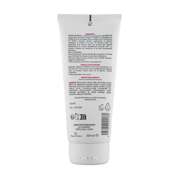 DEXERYL ESSENTIEL lait riche nourrissant 200ml, apaisant, hydratant et protecteur des peaux sèches, sans parfum. Dès la naissance. – Image 2