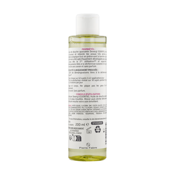 DEXERYL ESSENTIEL huile de douche apaisante 200ml, peaux très sèches ou à tendance atopique, sans savon, sans parfum. Dès la naissance. – Image 2