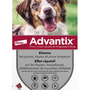 Advantix Chien – Anti-Puces et Anti-Tiques Pour Chien Moyen de 10 à 25KG – 4 Pipettes