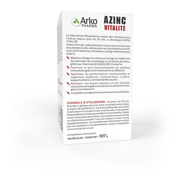 Arkopharma Azinc Adulte Vitalité Vitamines C & E, Zinc 150 gélules – Image 2