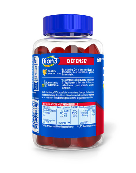 Bion3 Défense Gommes, Complément alimentaire pour le soutien du système immunitaire(1) avec Probiotiques, Vitamine C, Vitamine B3 et Zinc, 60 gommes, 1 à 2 mois de d'utilisation. – Image 3