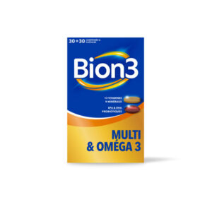 Bion3 Multi & Oméga 3, un comprimé à base de vitamines C, D & B12 et une capsule avec EPA & DHA pour soutenir cœur(1), cerveau(2) & vision(3) et probiotiques pour soutenir la flore intestinale(4). - Image 1