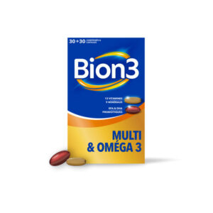 Bion3 Multi & Oméga 3, un comprimé à base de vitamines C, D & B12 et une capsule avec EPA & DHA pour soutenir cœur(1), cerveau(2) & vision(3) et probiotiques pour soutenir la flore intestinale(4). - Image 2
