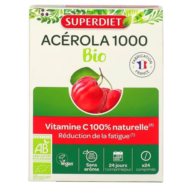 Acérola 1000 Bio Superdiet – Vitamine C naturelle – 24 comprimés à croquer