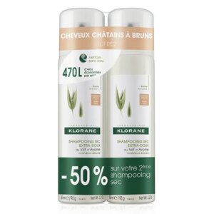 Klorane Shampooing Sec Extra-doux au Lait d'Avoine et Céramide pour Cheveux Bruns Lot de 2x150ml