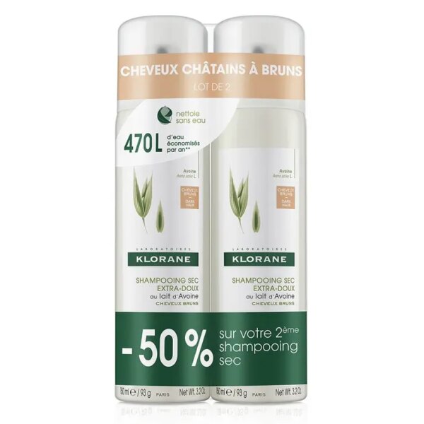 Klorane Shampooing Sec Extra-doux au Lait d'Avoine et Céramide pour Cheveux Bruns Lot de 2x150ml
