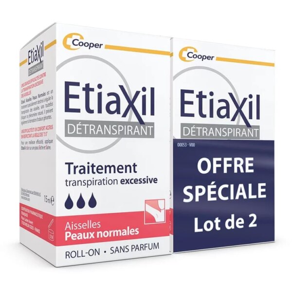 Roll-on Traitement Aisselles transpiration excessive 2x15ml Detranspirant Peaux normales Etiaxil