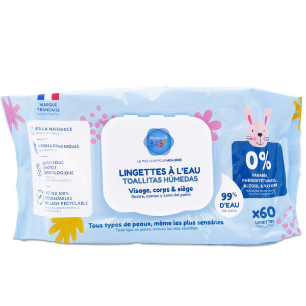 Lingettes à l'Eau Pharmababy x60 | Biodégradables Bébé