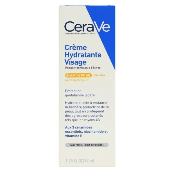 CeraVe Crème Hydratante Visage SPF50 Jour Peaux Normales à Sèches 52 ml