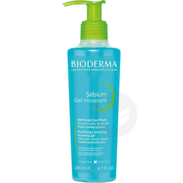 Bioderma Sébium Gel Moussant Nettoyant Purifiant Sébo-Correcteur Peaux Mixtes à Grasses Flacon Pompe 200 ml