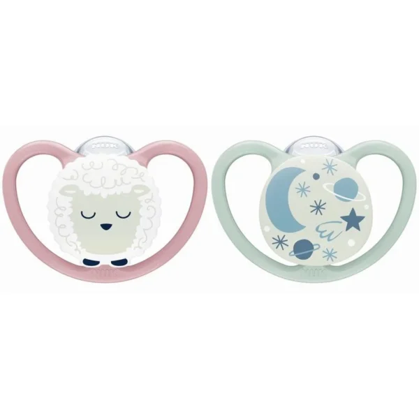 NUK Space Night Sucettes Silicone Fille 6-18 mois, lot de 2