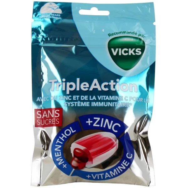 Vicks Triple Action Bonbons Sans Sucres Cassis Menthol Vitamine C et Zinc 72 g