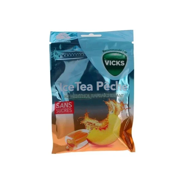 Vicks Bonbons Thé Glacé Pêche Sans Sucre Pastilles Gorge au Menthol et Extrait de Maté 72 g