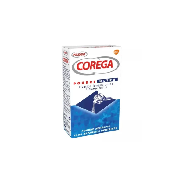 Polident Corega Poudre Ultra Adhésive Fixation Longue Durée Prothèses Dentaires 40 g