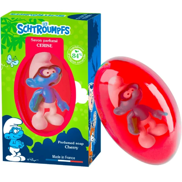 Le Comptoir du Bain Les Schtroumpfs Savon Solide Parfum Cerise Figurine Schtroumpf à Lunettes
