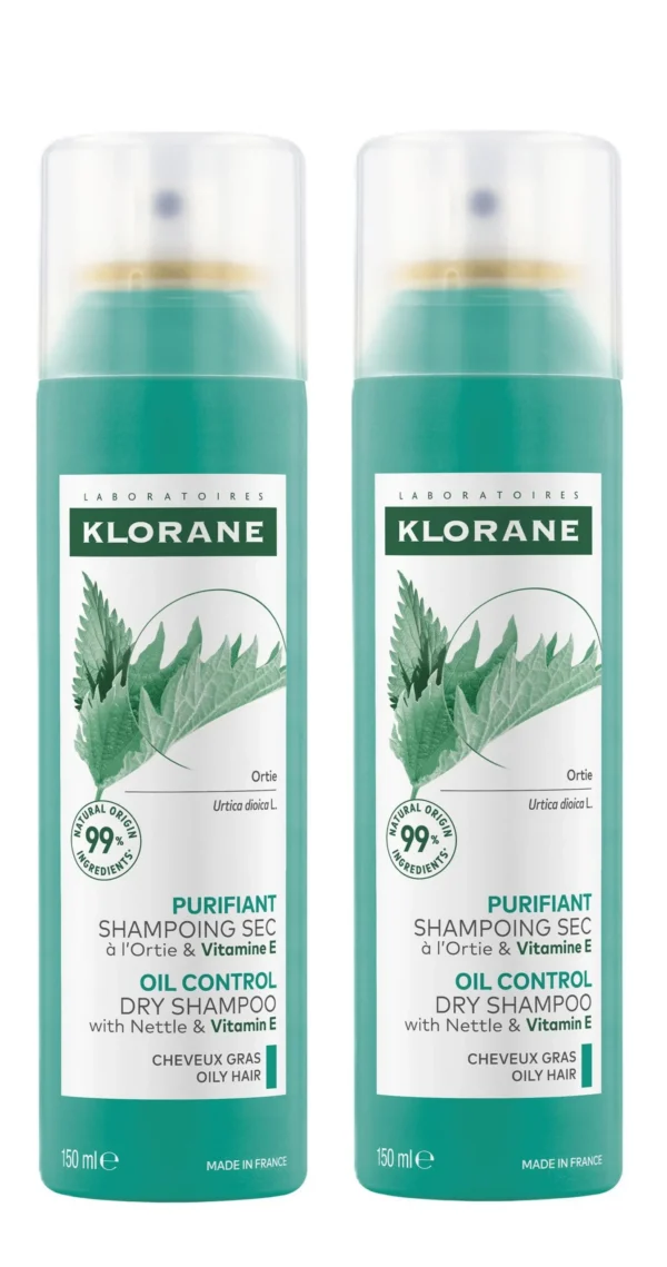 Klorane Shampooing Sec Purifiant à l'Ortie et Vitamine E Cheveux Gras Lot de 2 x 150 ml