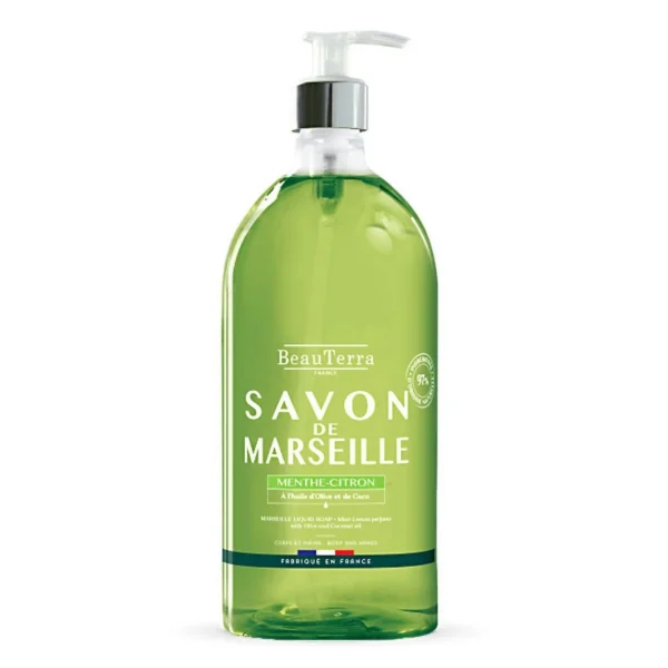 BeauTerra Savon Liquide de Marseille Menthe Citron Corps et Mains 1 L