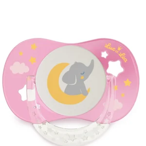 Luc et Léa Sucette Nuit Anatomique Éléphant Rose 0-6 Mois Phosphorescente Anneau Silicone Tritan