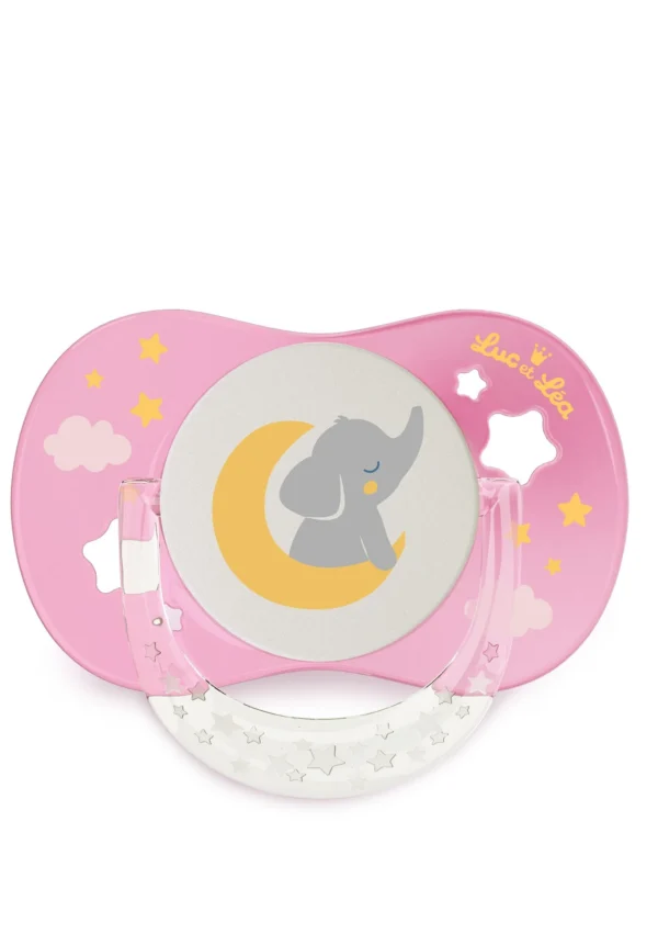 Luc et Léa Sucette Nuit Anatomique Éléphant Rose 0-6 Mois Phosphorescente Anneau Silicone Tritan