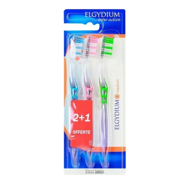 Elgydium Inter-Active Brosse à Dents Médium Lot de 2 + 1 Offerte