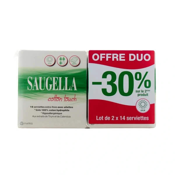 Saugella Cotton Touch Jour - Lot de 2 x 14 Serviettes Extra-Fines avec Ailettes