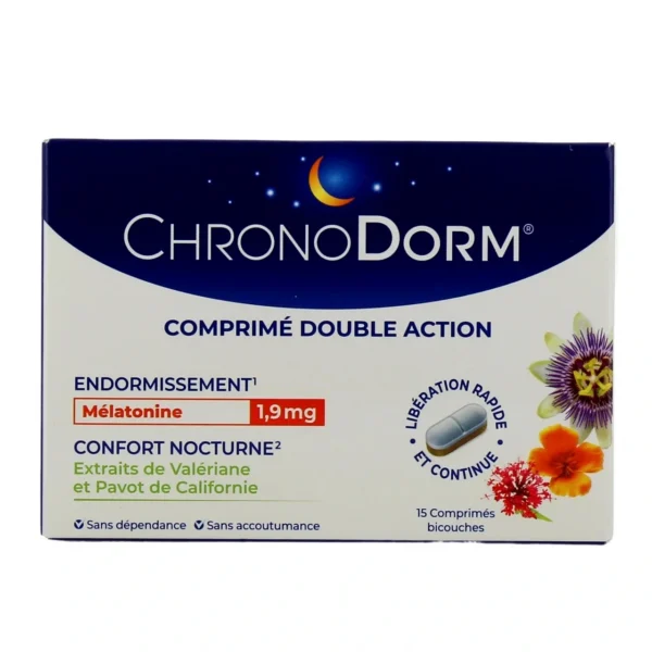 ChronoDorm Double Action Mélatonine 1,9 mg Valériane 15 Comprimés