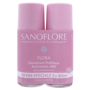 Sanoflore Déodorant Fraîcheur 48h Flora Bio Roll-On Cataire Citronnée Aloe Vera Sans Sels d'Aluminium Lot 2 x 50 ml