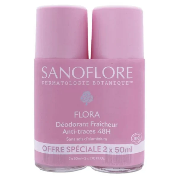 Sanoflore Déodorant Fraîcheur 48h Flora Bio Roll-On Cataire Citronnée Aloe Vera Sans Sels d'Aluminium Lot 2 x 50 ml