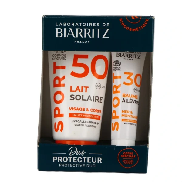 Sport Lait Solaire SPF50 Visage et Corps Bio 50 ml + Baume à Lèvres SPF30 Bio 15 ml