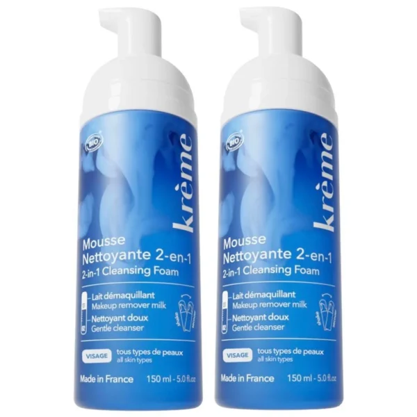 Krème Mousse Nettoyante 2-en-1 Bio Démaquillante et Nettoyante Lot de 2 x 150 ml