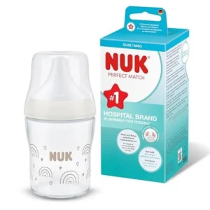 NUK Perfect Match Biberon en Verre 120 ml Tétine Silicone Taille S Dès la Naissance Arc-en-Ciel