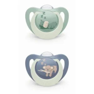 NUK First Choice Nuit 2 Sucettes Physiologiques 18-36 Mois Hippopotame Koala Anneau Phosphorescent