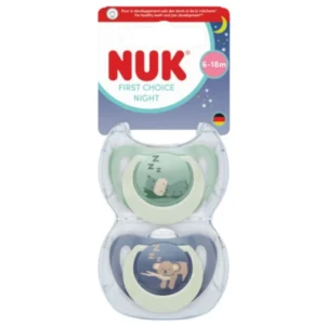 NUK First Choice Nuit 2 Sucettes Physiologiques 6-18 Mois Hippopotame Koala Silicone Anneau