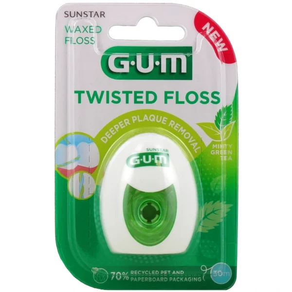 GUM Twisted Floss Fil Dentaire Ciré Thé Vert Menthe 30 m