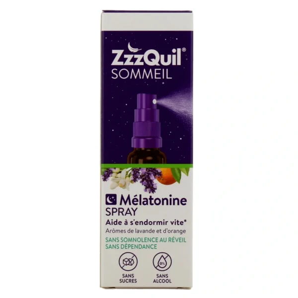 ZzzQuil Sommeil Spray, complément alimentaire à la mélatonine, permet un dosage flexible et une action plus rapide, arôme de lavande et d’oranges, sans sucres, sans alcool, végan, 30 ml